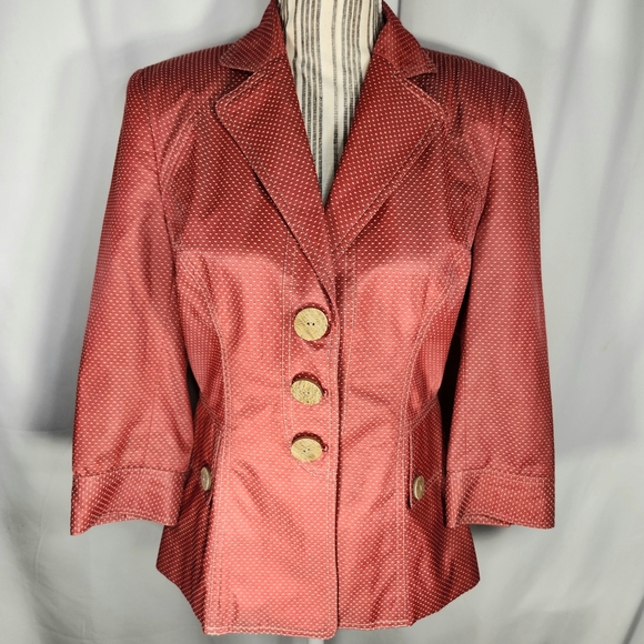 Earl Rutenberg Red w/Tan Dots 3/4 Sleeve Lined Blazer Jacket Size 4 - Picture 1 of 12